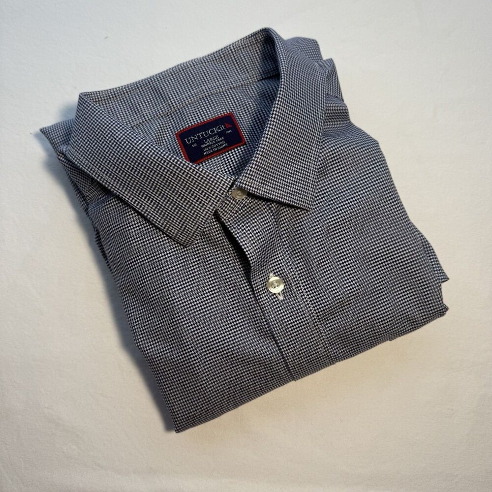 UNTUCKit Shirt Mens Large Dark Blue & White Houndstooth Button Down Long Sleeve